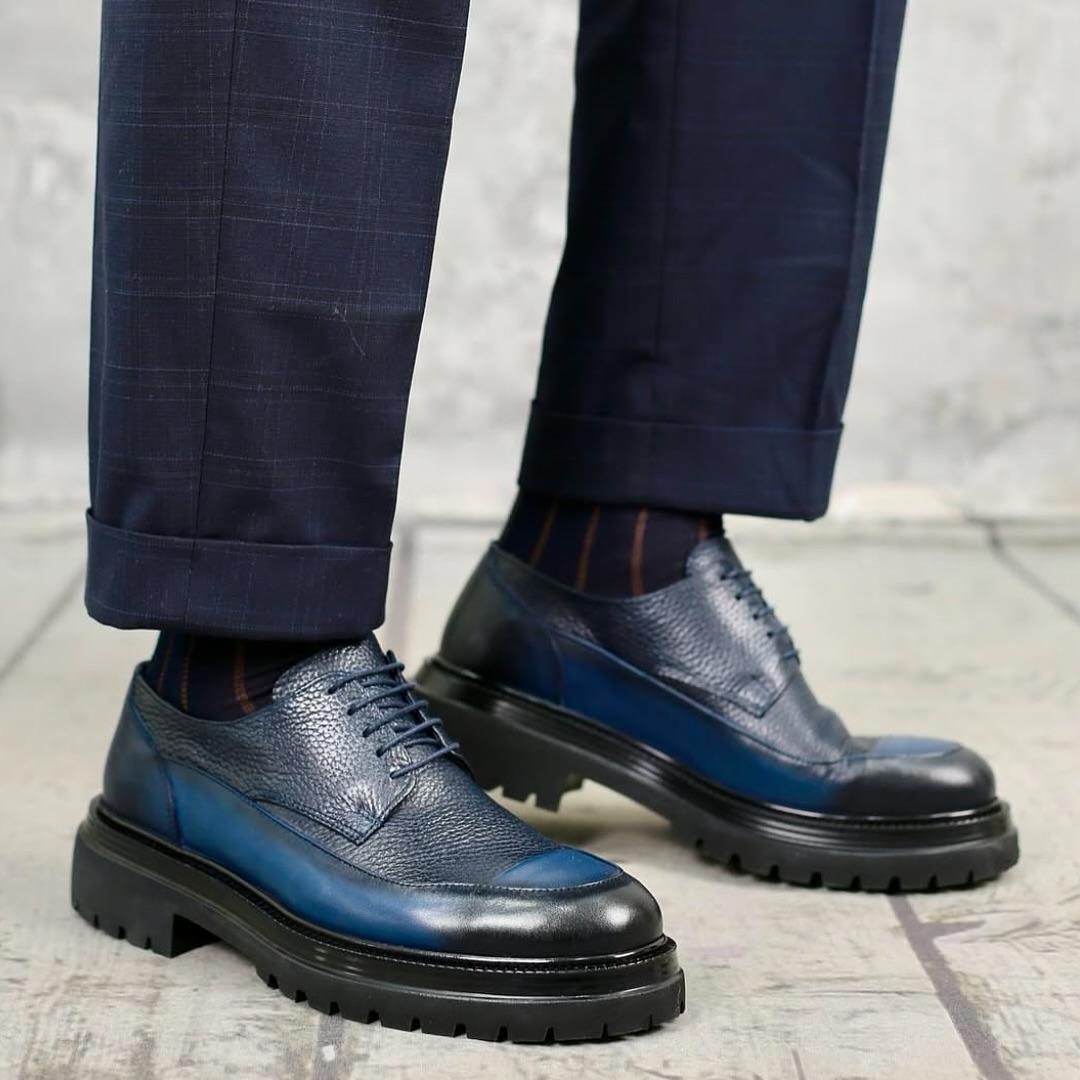Dark Blue Grain Leather Derby Shoes