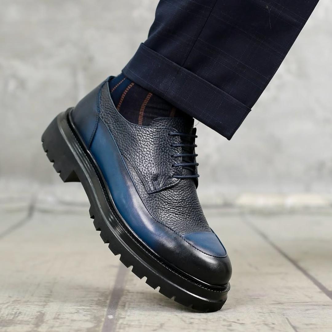 Dark Blue Grain Leather Derby Shoes