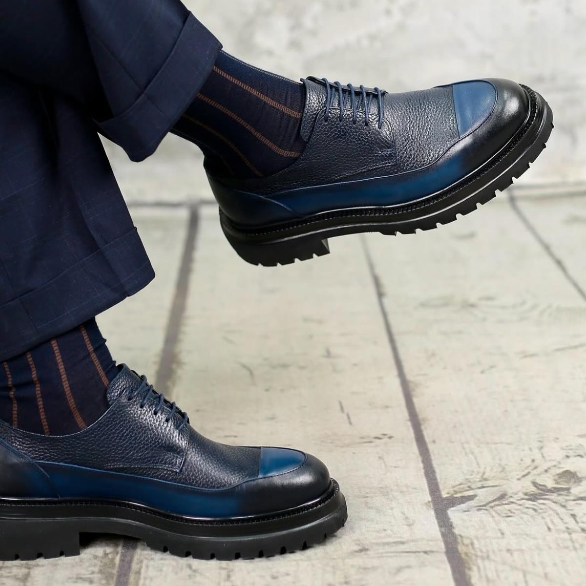 Dark Blue Grain Leather Derby Shoes