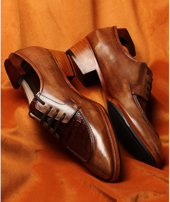 Mirror Glossed Patina Dress Shoes With Croco Detail
