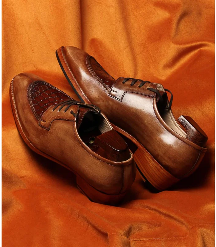 Mirror Glossed Patina Dress Shoes With Croco Detail