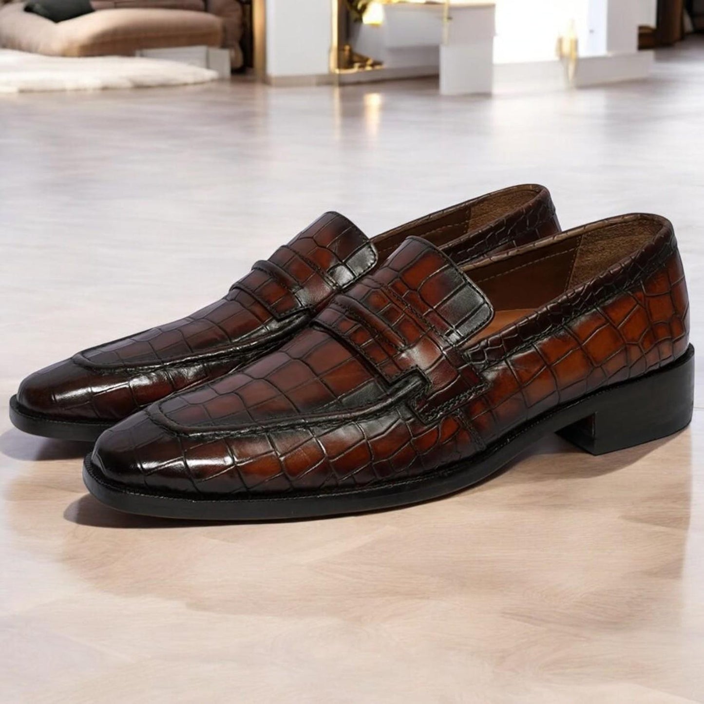 Handcrafted Crocodile Pattern Leather Loafers