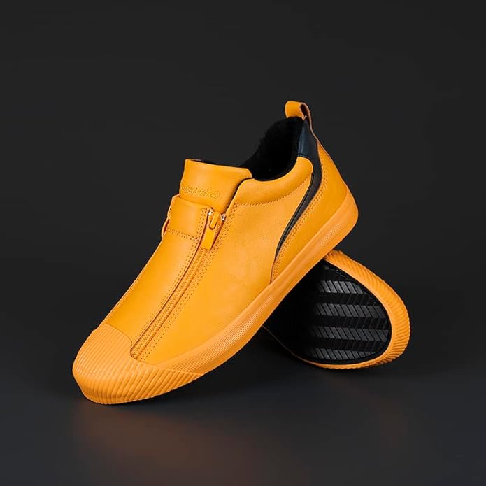 Men's Yellow Leather Slip-On Sneakers With Zipper Closure