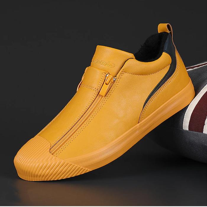 Men's Yellow Leather Slip-On Sneakers With Zipper Closure