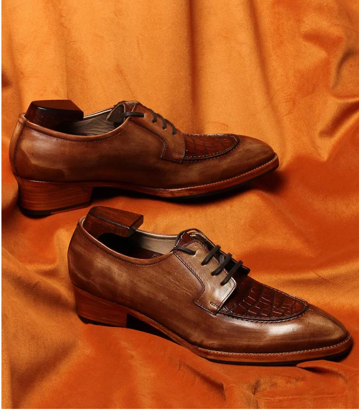 Mirror Glossed Patina Dress Shoes With Croco Detail