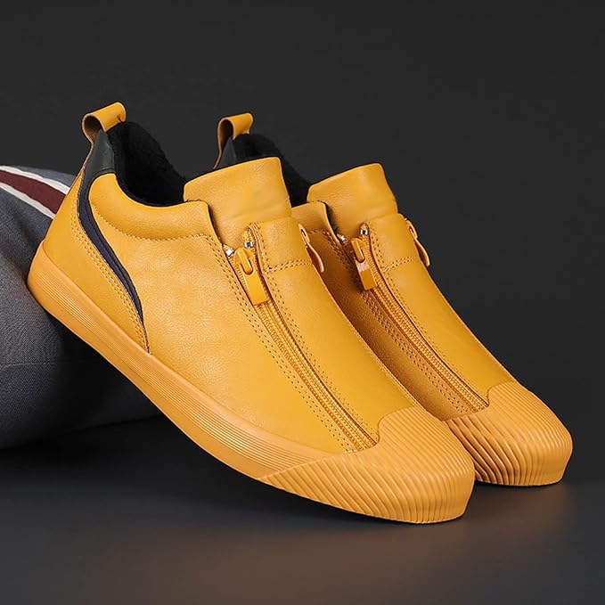 Men's Yellow Leather Slip-On Sneakers With Zipper Closure