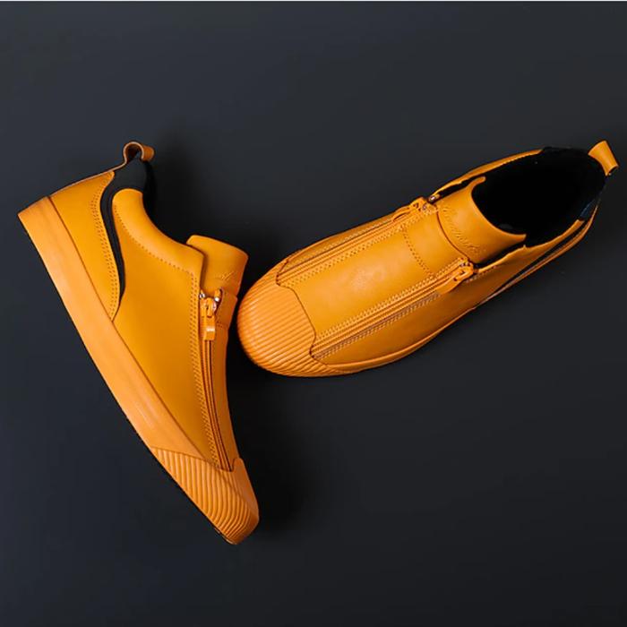 Men's Yellow Leather Slip-On Sneakers With Zipper Closure